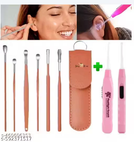 Ear Cleaning Tool Kit – Stainless Steel with PU Leather Pouch &amp; Key Ring (Multi Color)