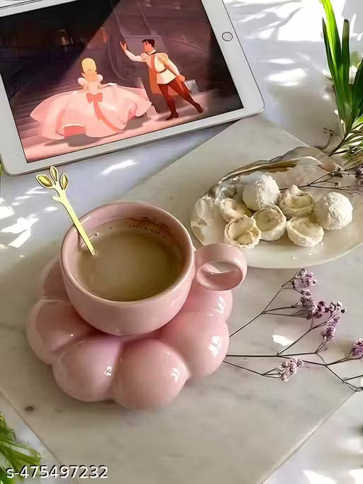 Pink Ceramic Bubble Cup &amp; Saucer Set – Modern Sculptural 8oz Tea &amp; Coffee Mug